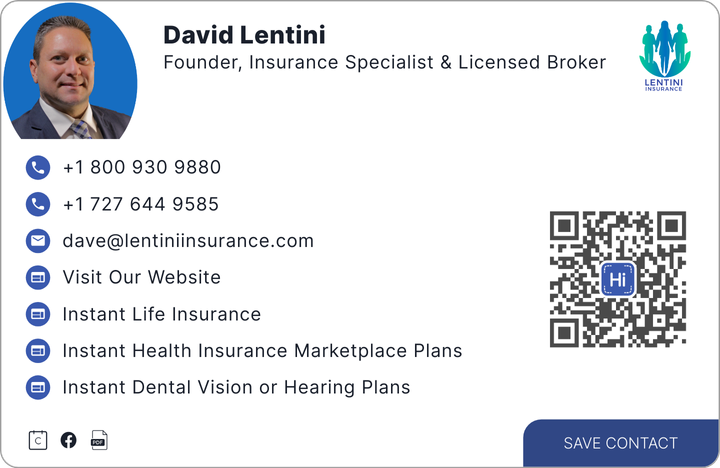 This is David Lentini's card. Their email is dave@lentiniinsurance.com. Their phone number is +1 800 930 9880. Their phone number is +1 727 644 9585.