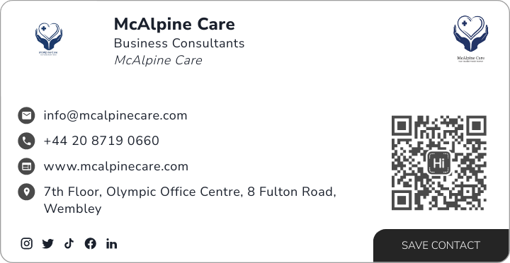 This is Maria M Marshall's card. Their email is maria@mcalpinecare.com. Their phone number is +44 20 8719 0660.