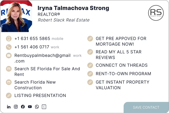 This is Iryna Talmachova Strong's card. Their email is Rentbuypalmbeach@gmail.com. Their phone number is +1 631 655 5865. Their phone number is +1 561 406 0717.