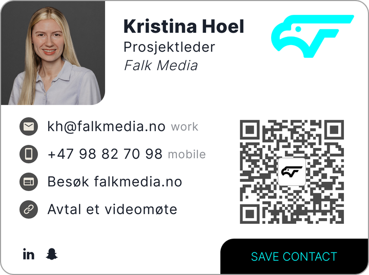 This is Kristina Hoel's card. Their email is kh@falkmedia.no. Their phone number is +47 98 82 70 98.