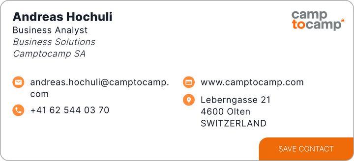 This is Andreas Hochuli's card. Their email is andreas.hochuli@camptocamp.com. Their phone number is +41 62 544 03 70.