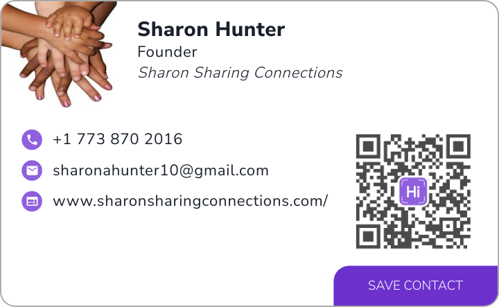 This is Sharon Hunter's card. Their email is sharonahunter10@gmail.com. Their phone number is +1 773 870 2016.