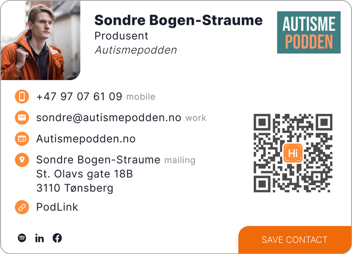 This is Sondre Bogen-Straume's card. Their email is sondre@autismepodden.no. Their phone number is +47 97 07 61 09.
