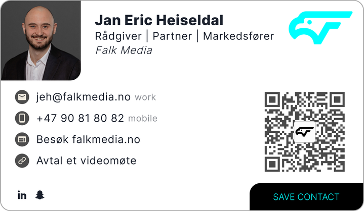This is Jan Eric Heiseldal's card. Their email is jeh@falkmedia.no. Their phone number is +47 90 81 80 82.