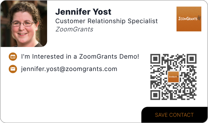 This is Jennifer Yost's card. Their email is jennifer.yost@zoomgrants.com.