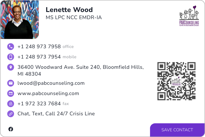 This is Lenette Wood's card. Their email is lwood@pabcounseling.com. Their phone number is +1 248 973 7958. Their phone number is +1 248 973 7954. Their phone number is +1 972 323 7684.