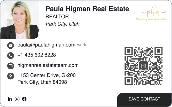 This is Paula Higman Real Estate's card. Their email is paula@paulahigman.com. Their phone number is +1 435 602 8228.
