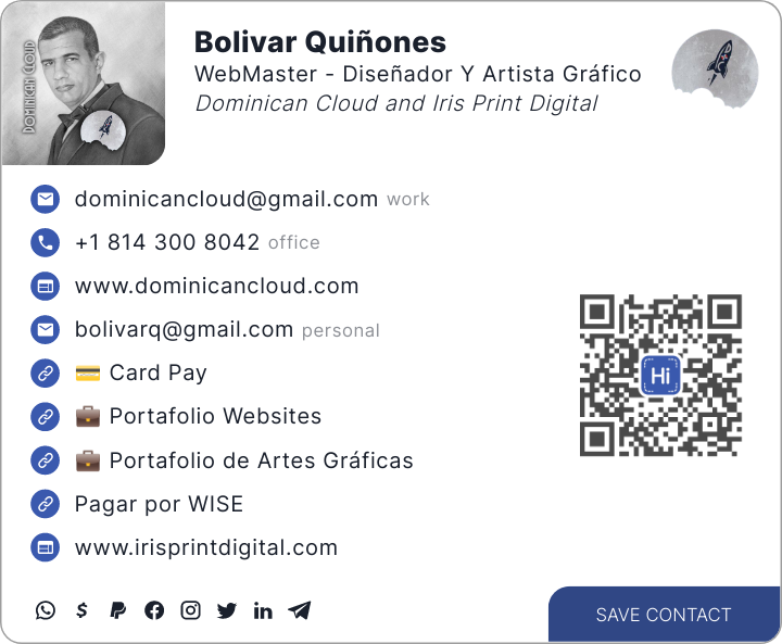 This is Bolivar Quiñones's card. Their email is dominicancloud@gmail.com. Their email is bolivarq@gmail.com. Their phone number is +1 814 300 8042.