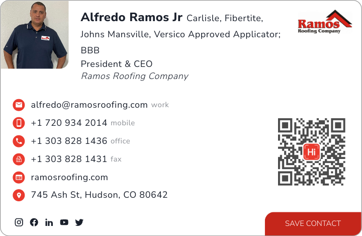 This is Alfredo Ramos Jr's card. Their email is alfredo@ramosroofing.com. Their phone number is +1 720 934 2014. Their phone number is +1 303 828 1436. Their phone number is +1 303 828 1431.