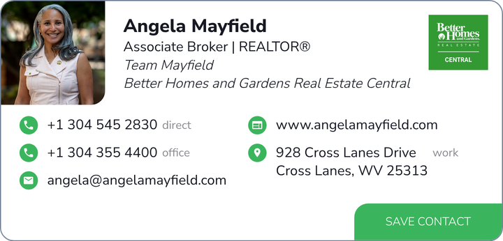 This is Angela Mayfield's card. Their email is angela@angelamayfield.com. Their phone number is +1 304 545 2830. Their phone number is +1 304 355 4400.