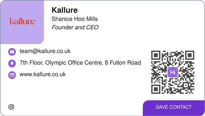 This is Kallure's card. Their email is contact@kallure.co.uk. Their phone number is +44 7475 212365.