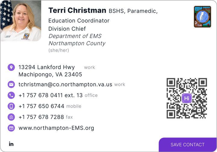 This is Terri Christman's card. Their email is tchristman@PROTECTED. Their phone number is +1 757 678 0411. Their phone number is +1 757 650 6744. Their phone number is +1 757 678 7288.