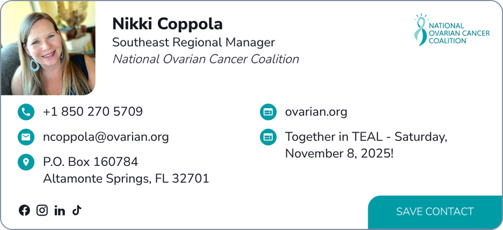 This is Nikki Coppola's card. Their email is ncoppola@ovarian.org.