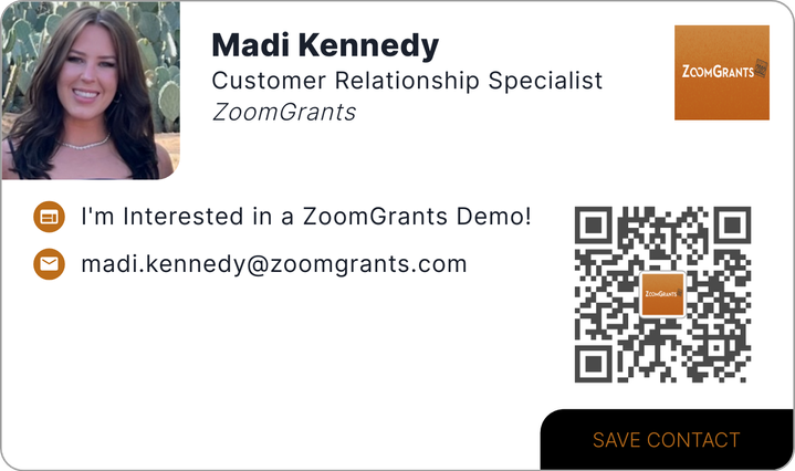 This is Madi Kennedy's card. Their email is madi.kennedy@zoomgrants.com.