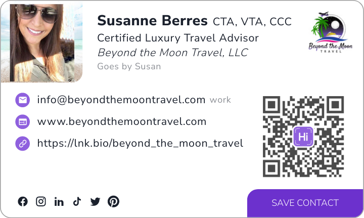 This is Susanne Berres's card. Their email is susan@beyondthemoontravel.com. Their phone number is +1 909 895 4884.