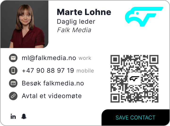 This is Marte Lohne's card. Their email is ml@falkmedia.no. Their phone number is +47 90 88 97 19.