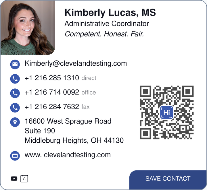 This is Kimberly Lucas's card. Their email is Kimberly@clevelandtesting.com. Their phone number is +1 216 245 5258.