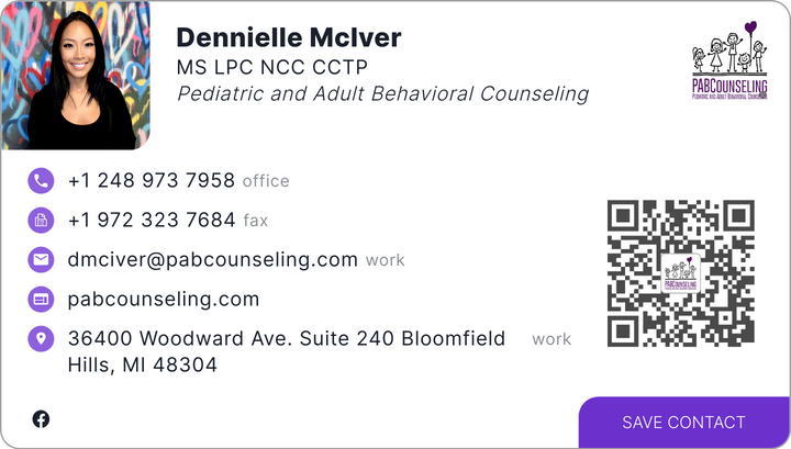 This is Dennielle McIver's card. Their email is dmciver@pabcounseling.com. Their phone number is +1 248 973 7958. Their phone number is +1 972 323 7684.
