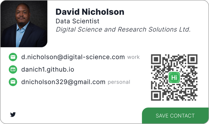 This is David Nicholson's card. Their email is d.nicholson@digital-science.com.