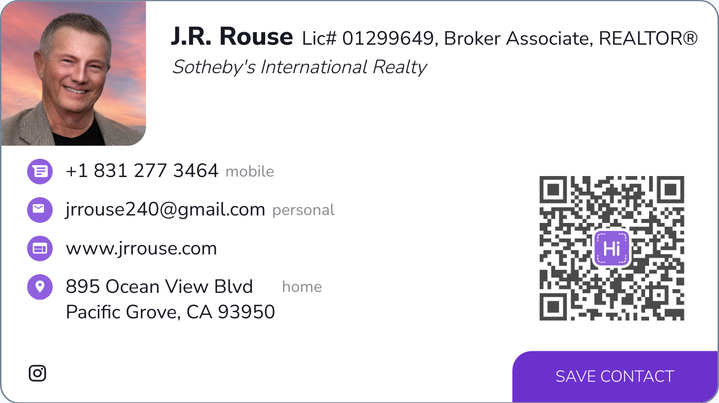This is J.R. Rouse's card. Their email is jrrouse240@gmail.com. Their email is jr.rouse@sotehbys.realty. Their phone number is +1 831 318 4062. Their phone number is +1 831 277 3464.
