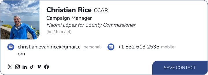 This is Christian E Rice's card. Their email is christian.evan.rice@gmail.com. Their phone number is +1 832 613 2535.