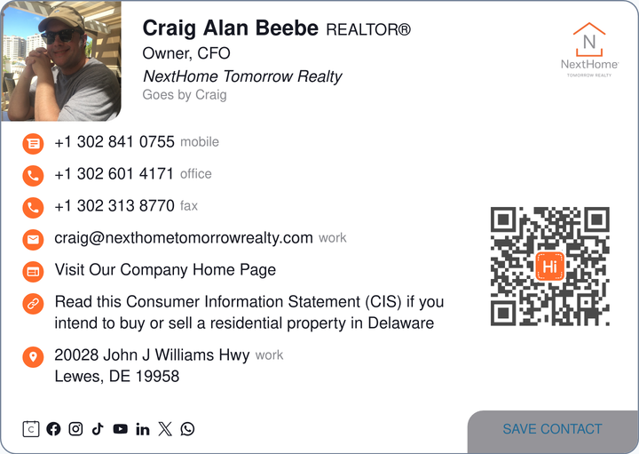 This is Craig Alan Beebe's card. Their email is craig@nexthometomorrowrealty.com. Their phone number is +1 302 841 0755. Their phone number is +1 302 601 4171. Their phone number is +1 302 313 8770.