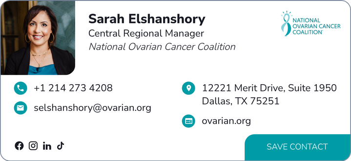 This is Sarah Elshanshory's card. Their email is centralregion@ovarian.org. Their phone number is +1 214 273 4208.