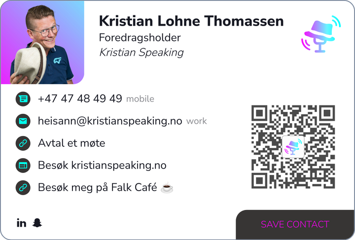 This is Kristian Lohne Thomassen's card. Their email is hei@kristianspeaking.no. Their phone number is +47 474 84 949.
