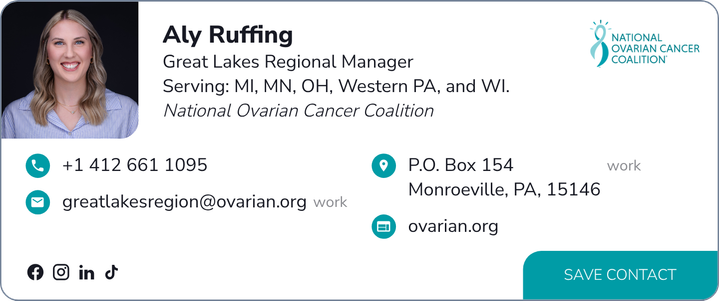 This is Aly Ruffing's contact card. Their email is aruffing@ovarian.org.