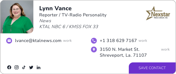 This is Lynn Vance's card. Their email is lvance@ktalnews.tv. Their phone number is +1 318 629 7167.