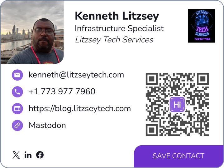 This is Kenneth Litzsey's card. Their email is kenneth@litzseytech.com. Their phone number is +1 773 977 7960.