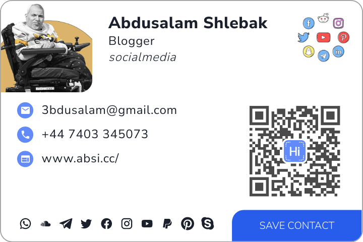 This is Abdusalam Shlebak's card. Their email is 3bdusalam@gmail.com. Their phone number is +44 7403 345073.