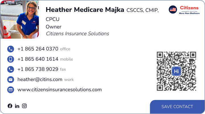 This is Heather Medicare Majka's card. Their email is heather@citins.com. Their phone number is +1 865 264 0370. Their phone number is +1 865 640 1614. Their phone number is +1 865 738 9029.