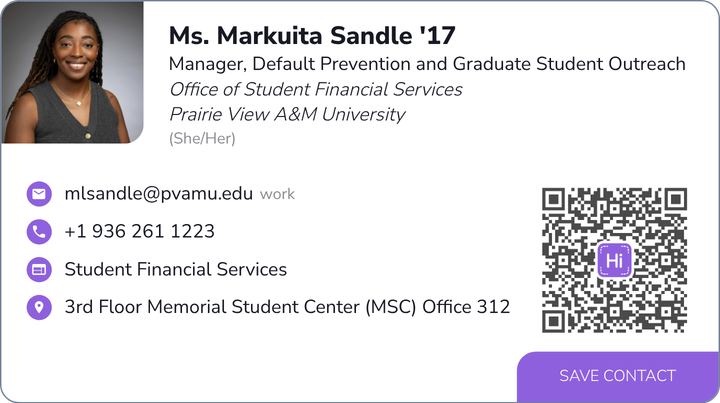 This is Ms. Markuita Sandle's card. Their email is mlsandle@pvamu.edu. Their phone number is +1 936 261 1000 ext. 1.
