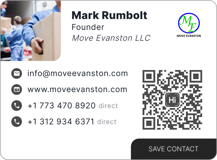 This is Mark Rumbolt's card. Their email is info@moveevanston.com. Their phone number is +1 773 470 8920. Their phone number is +1 312 934 6371.