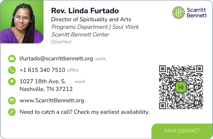 This is Rev. Linda Furtado's card. Their email is lfurtado@scarrittbennett.org. Their phone number is +1 615 340 7510.