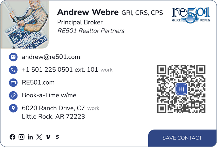 This is Andrew Webre's card. Their email is andrew@re501.com. Their phone number is +1 501 225 0501 ext. 101.