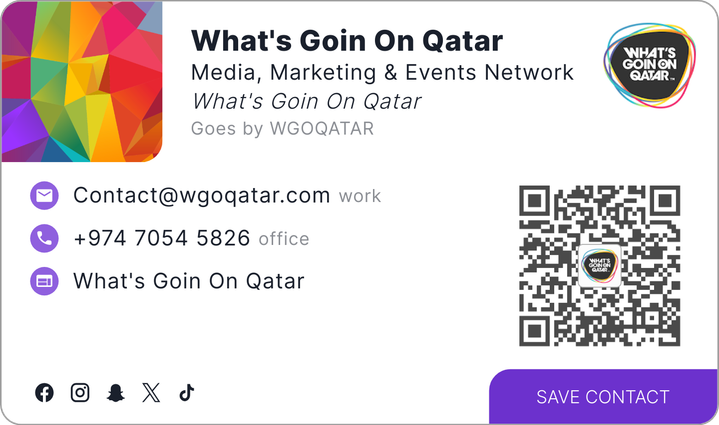 This is What's Goin On Qatar's card. Their email is Contact@wgoqatar.com. Their phone number is +974 7054 5826.