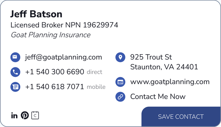 This is Jeff Batson's card. Their email is jeff@goatplanning.com. Their phone number is +1 844 369 7526. Their phone number is +1 540 300 6690. Their phone number is +1 317 550 0800.