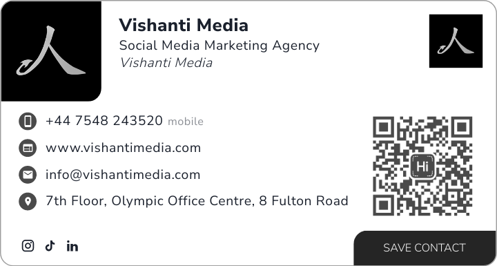 This is Vishanti Media's card. Their email is info@vishantimedia.com. Their phone number is +44 7548 243520.