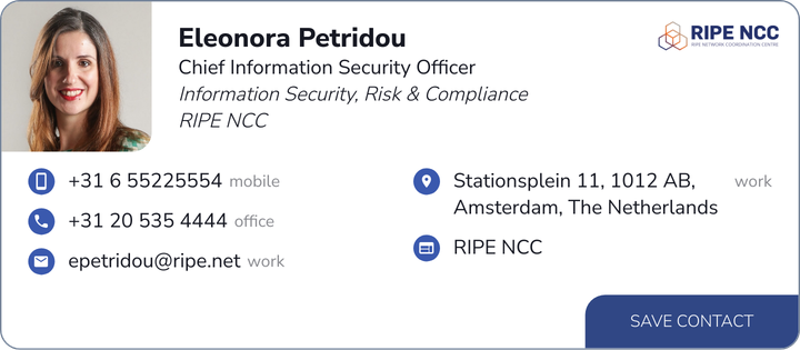 This is Eleonora Petridou's card. Their email is epetridou@ripe.net. Their phone number is +31 6 55225554. Their phone number is +31 20 535 4444.