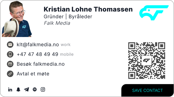 This is Kristian Lohne Thomassen's card. Their email is kristian@falkmedia.no. Their phone number is +47 474 84 949.