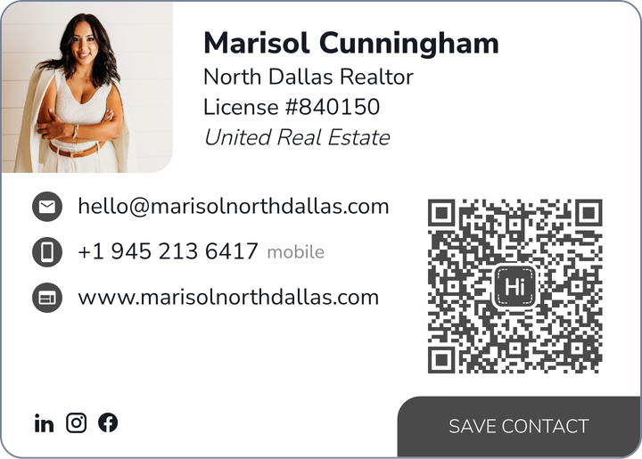This is Marisol Cunningham's card. Their email is hello@marisolnorthdallas.com. Their phone number is +1 945 213 6417.