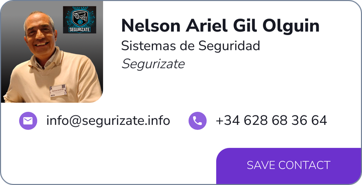 Nelson Ariel Gil Olguin's card. Their email s info@segurizate.info. +34 628 68 36 64.