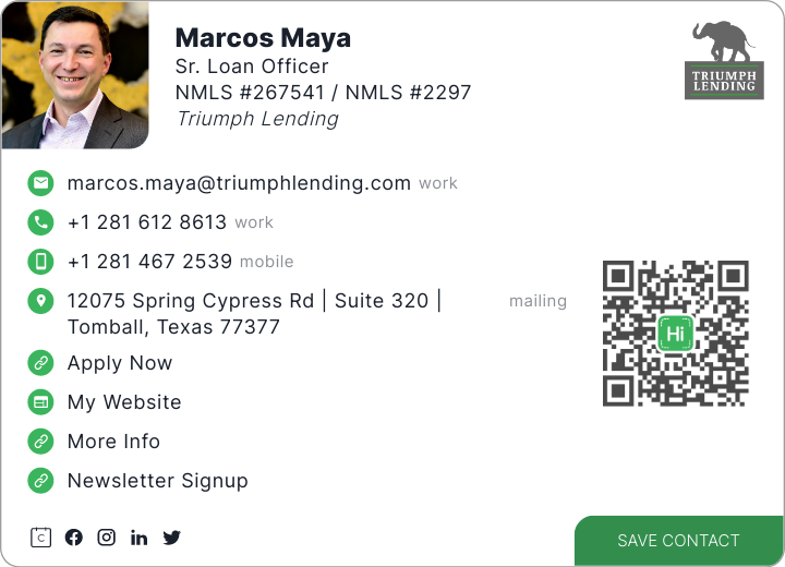 This is Marcos Maya's card. Their email is marcos.maya@triumphlending.com. Their phone number is +1 281 612 8613. Their phone number is +1 281 467 2539.