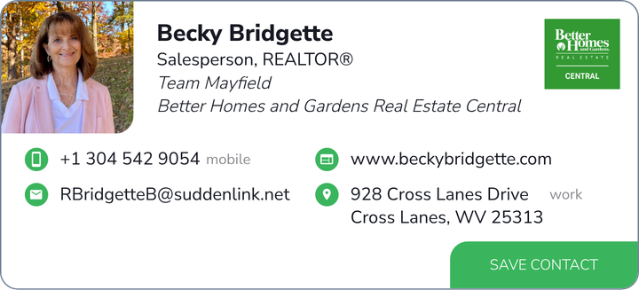 This is Becky Bridgette's card. Their email is RBridgetteB@suddenlink.net. Their phone number is +1 304 542 9054.